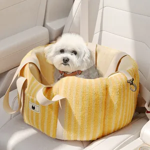 Siège d'Auto pour Animaux de Compagnie Portable Lit de Chien Voyage Peluche Doux Rayé Siège d'Appoint avec Ceinture