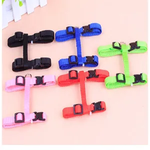 Close-up of five colorful H-style adjustable nylon cat harnesses for small pets