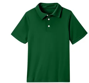 Front view detail of a kids' dark green short-sleeved casual polo shirt