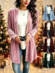 Women Mid Length Velvet Cardigan Open Front Casual Solid Color Long Sleeve Knitted Top Retro Loose Fit Outerwear Holiday