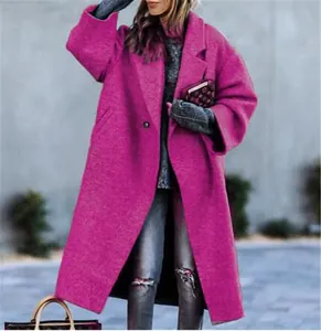 Women's elegant magenta long woolen coat featuring a classic lapel and loose fit