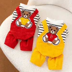 Detailed view of striped pet overalls with cute bear embroidery and D-ring