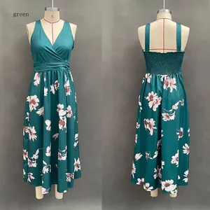 Front and back detail of a stylish floral print V-neck sleeveless maxi dress in teal green