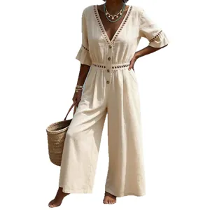 Casual women's V-neck solid color jumpsuit with delicate lace trim and short sleeves