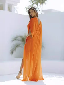 Elegantes sexy orangefarbenes plissiertes Strand-Überwurf ärmelloses Maxikleid mit Schlitz