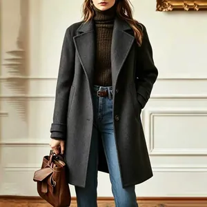 Elegant charcoal gray wool-like mid-length coat for women styled with a turtleneck.