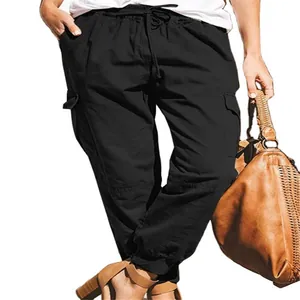 Women's casual black cargo pants with elastic drawstring waist and side pockets