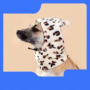 Pet Leopard Print Hat Plush Warm Dog Cap With Adjustable Drawstring Pom Pom Winter Headwear For Small Medium Dogs Cats