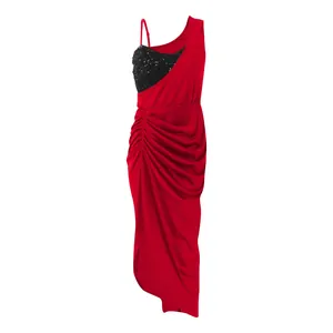 Elegante abito da sera rosso monospalla con corpino di paillettes nere e gonna drappeggiata