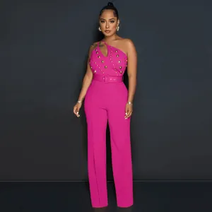 Full-body view of a fuchsia one-shoulder jumpsuit with gold studs and wide legs.
