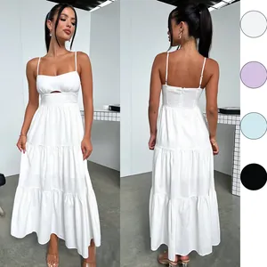 Front and back views of elegant white tiered spaghetti strap maxi dress with cutout