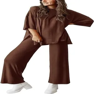 Comfortable brown loose-fitting loungewear set with short-sleeve top and wide-leg pants
