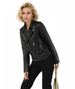 Professional studio shot of a women's black faux leather biker jacket with zippers