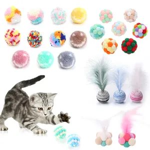 Interactive Cat Plush Ball Toy Soft Macaron Christmas Series Mitten Yarn Pom Poms With Built-in Bell Feather Pet Toys