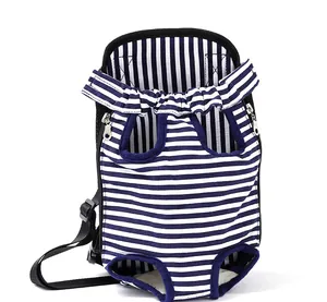 Detailed view of blue and white striped pet carrier backpack with leg holes and zippers
