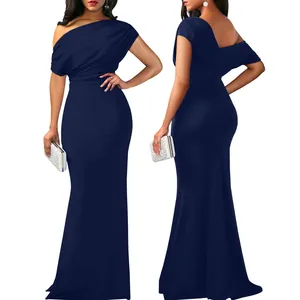 Robe de soirée longue élégante bleu marine sans manches à épaules dénudées moulante