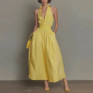 Western Resort Style Yellow Striped V Neck Sleeveless Maxi Dress Slim Waist Spliced Summer Casual Beach Holiday Long Dress For Women