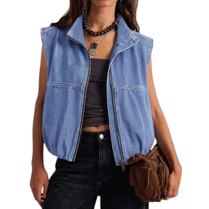 Stylish women's washed light blue denim vest featuring a functional front zipper and lapel
