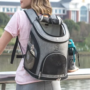 Back view of a grey XL breathable pet carrier backpack worn by a model outdoors