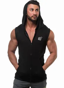 Detailed view of a black quick-dry hooded gym vest on a muscular male fitness model