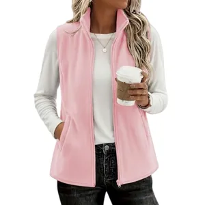 Chaleco polar rosa para mujer con cuello alto, cremallera completa y bolsillos laterales