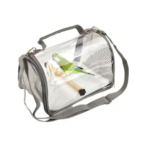 Portable transparent bird carrier bag with mesh breathability and wooden perch detail