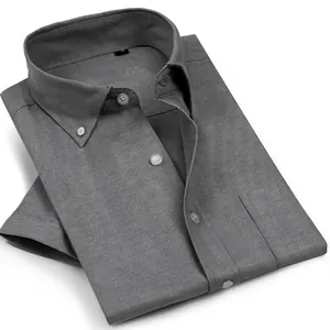 Casual dark grey men's short sleeve Oxford cotton shirt with button-down collar