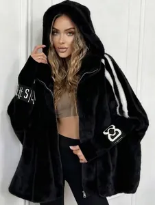 Fashionable oversized hooded faux fur jacket with white sleeve stripes