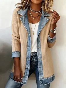 Cardigan chic da donna con maglia a coste kaki e revers in denim per l'autunno