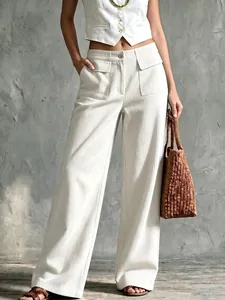 Vintage white corduroy wide-leg pants for women featuring high waist and double pockets