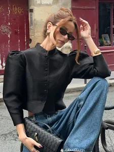 Vintage black matte satin puff sleeve cropped shirt with a chic stand collar design