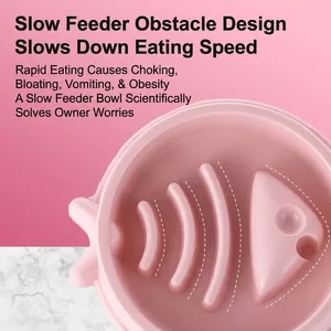 Pink slow feeder dog bowl with internal fish-shaped anti-choking design for small pets