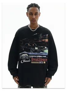 American retro long-sleeve black cotton T-shirt with vintage car and 'BreakSilence' print