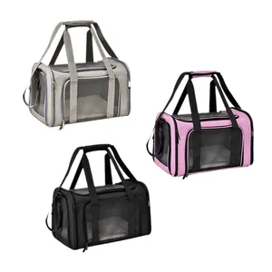 Foldable breathable pet carrier bags for cats and dogs available in three colors.