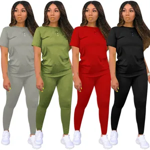 Casual two-piece set featuring round neck T-shirt and slim leggings in four solid colors