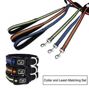 Close-up detail of reflective dog collar and leash set available in green, orange and blue colors