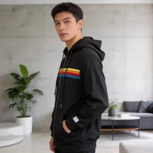 Sweat à capuche zippé noir unisexe avec rayures arc-en-ciel colorées pour un look moderne