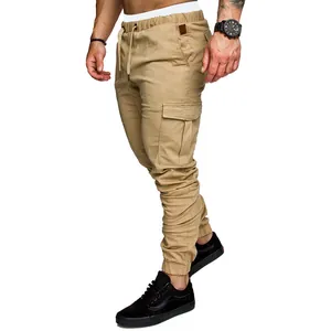 Khaki men's multi-pocket cargo joggers with drawstring waist and elastic cuffs