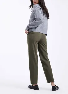 Detailed back view of olive green high-waisted straight-leg trousers for office