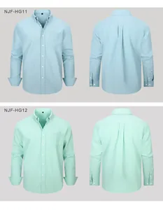 Detailed front and back views of light blue and mint green long-sleeve Oxford casual shirts