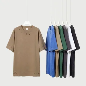 Men Heavyweight 300g Combed Cotton Distressed Washed T-Shirt Oversized Drop Shoulder Cut Out Vintage Streetwear Top