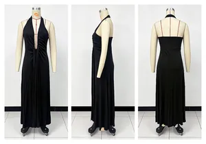 Detailed views of the front, side, and back of a black halter neck backless maxi dress.