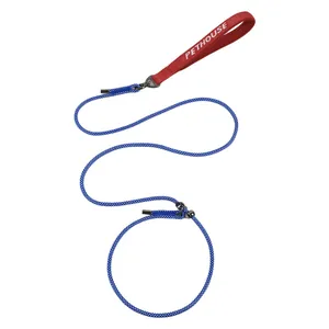 Durable blue P-chain braided dog leash with red padded handle for training and walking.