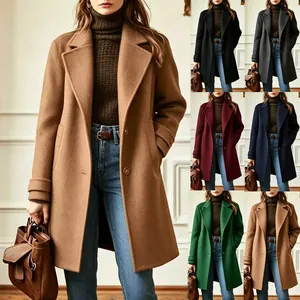 Elegant mid-length wool blend coat with lapel collar in multiple colors for women