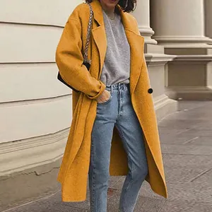 Casual mustard yellow wool-blend long coat for women shown in an urban setting