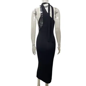 Back view detail of sexy black one-shoulder halter bodycon maxi dress for summer