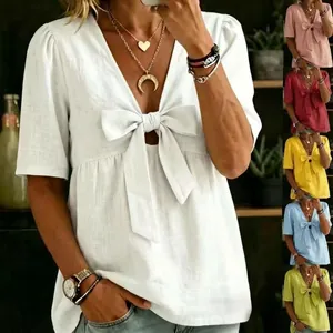 T-Shirt Femme Col en V avec Nœud Papillon Décontracté Manches Courtes Haut Ample en Polyester Streetwear Mode d'Été