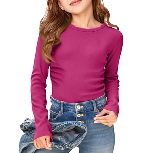 Detail of girls' long-sleeve ribbed T-shirt with stretch crew neck in vibrant magenta