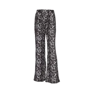 Detailed full-length view of stylish leopard print high-waisted wide-leg trousers for women