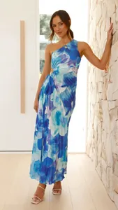 Stunning blue floral one-shoulder pleated maxi dress featuring a chic waist cut-out.